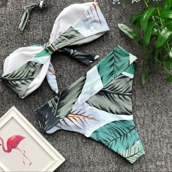 NWT XL: Tropical Palm Bandeau Bikini Set - Picture 6 of 11